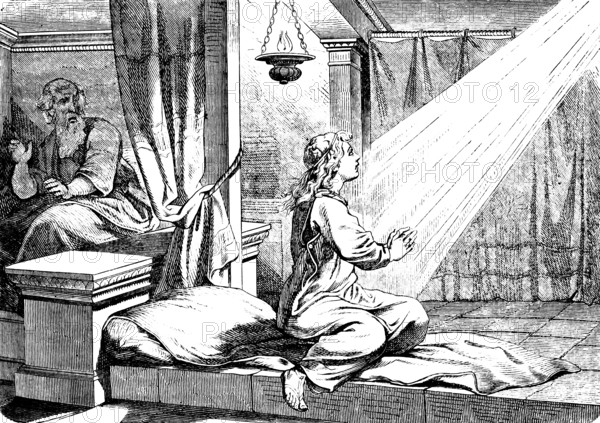 Young Samuel receives the first revelation, First Book of Samuel, chapter 3, ray of light, oil