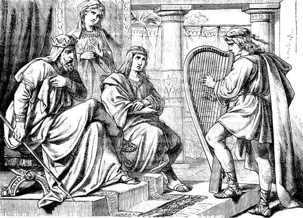 Saul tried to skewer David on the wall, First Book of Samuel, chapter 19, harp, king, spear,