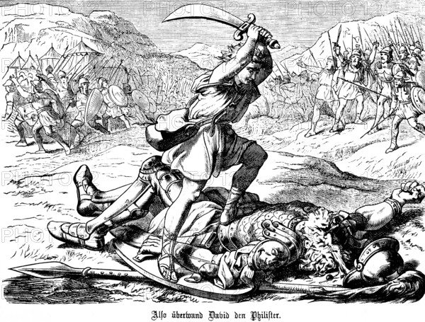 David kills the Philistine with his sword, First Book of Ruth, chapter 17, killing, beheading, war,