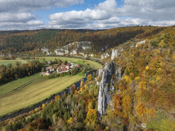 Aerial view of Käppeler Manor with St. George's Basilica near Thiergarten in the Upper Danube