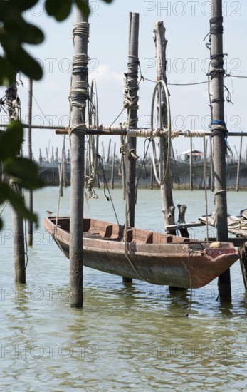 Thailand, Songkhla, Koh Yo, Aquacultural farm, Freshwater fish farming, Long-tailed boat out of