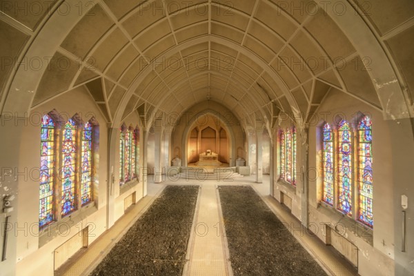 Church, chapel, glass, stained glass, mosaic, bright, altar, empty, deserted, deserted, symmetry,