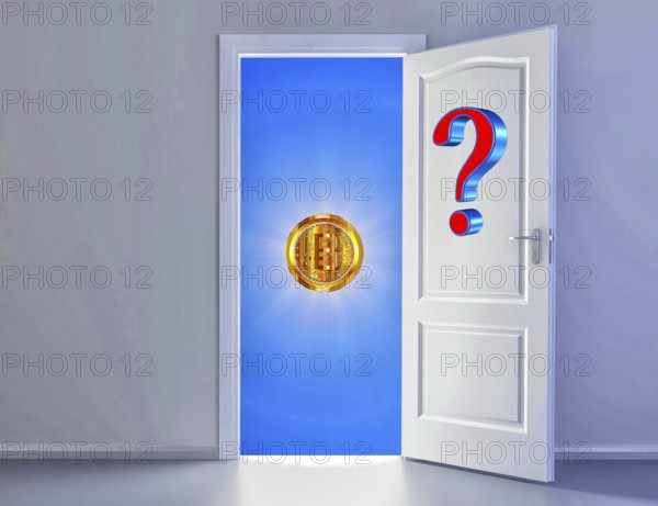 Symbolic image, Bitcoin with question mark, stock prices, uncertain digital currency, resources,