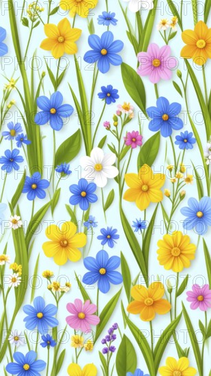Vibrant wildflowers and grass create a colorful and joyful floral pattern, Variety of wild flowers,