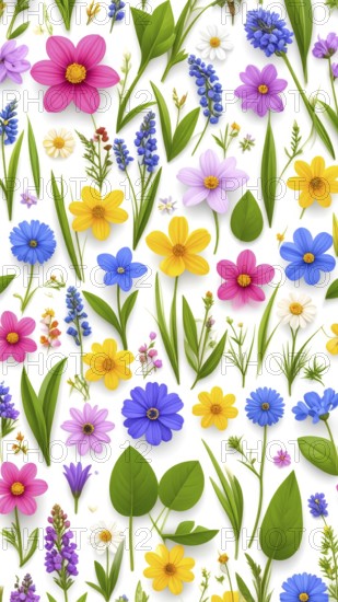 Vibrant wildflowers and grass create a colorful and joyful floral pattern, Variety of wild flowers,