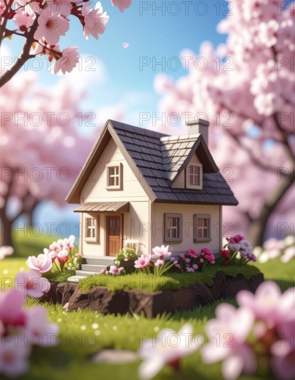 A miniature house surrounded by blooming cherry blossoms and warm sunlight, creating a peaceful and