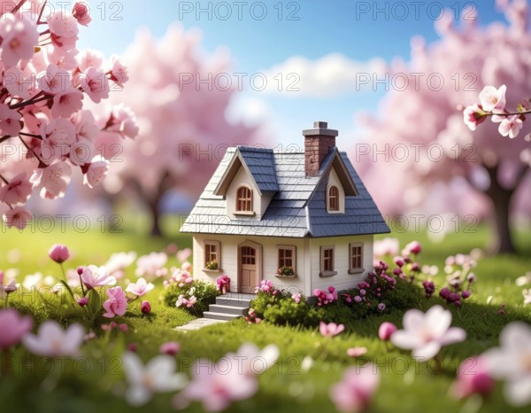 A miniature house surrounded by blooming cherry blossoms and warm sunlight, creating a peaceful and