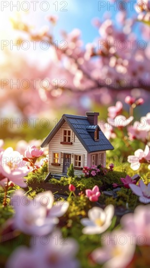 A miniature house surrounded by blooming cherry blossoms and warm sunlight, creating a peaceful and