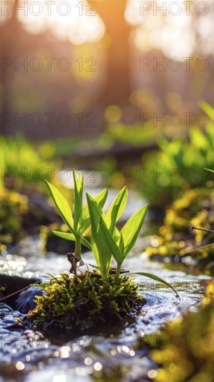 Beautiful spring detailed stream of fresh water, vibrant blooming young green plants, wallpaper