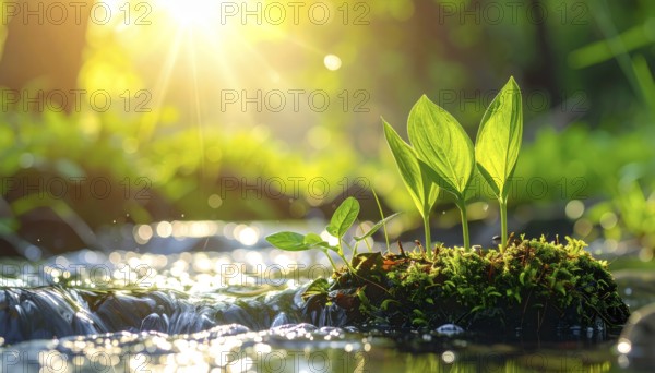 Beautiful spring detailed stream of fresh water, vibrant blooming young green plants, wallpaper