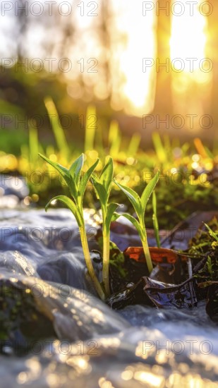 Beautiful spring detailed stream of fresh water, vibrant blooming young green plants, wallpaper