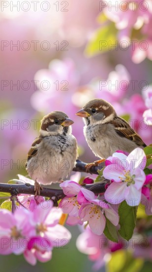 Small funny Sparrow Chicks sit in the garden surrounded by pink Apple blossoms on a Sunny may day,