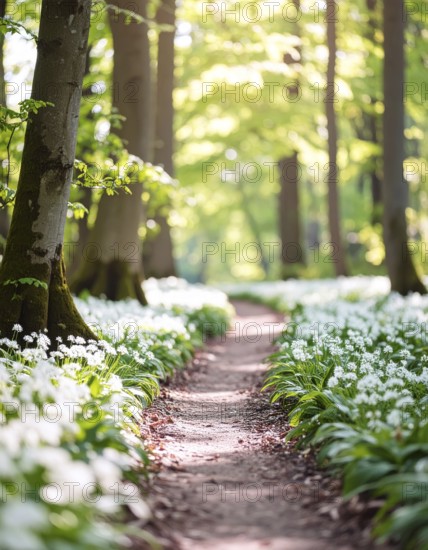 A tranquil forest path lined with white flowers, surrounded by tall trees and bathed in soft
