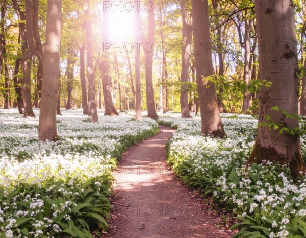 A tranquil forest path lined with white flowers, surrounded by tall trees and bathed in soft