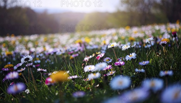 A sunny meadow with daisies in full bloom under bright sunlight, creating a vibrant and cheerful