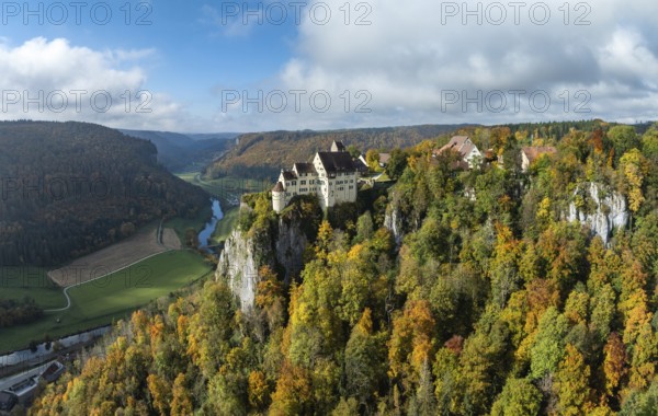 Aerial view of Werenwag Castle and former Werenwag Castle on a rocky spur in the Upper Danube