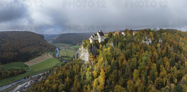Aerial view, panorama of Werenwag castle and former castle on a rocky spur in the upper Danube
