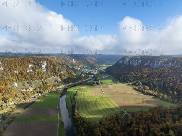 Aerial view of the autumn-colored Upper Danube Valley, Durchbruchtal, on the right the Hausener