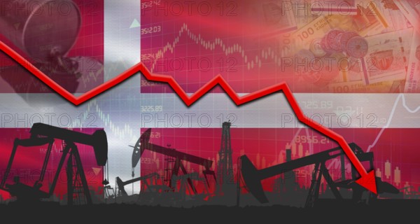 Fall oil price with flag of Denmark on economic chart, Petrol crisis with Denmark flag on financial