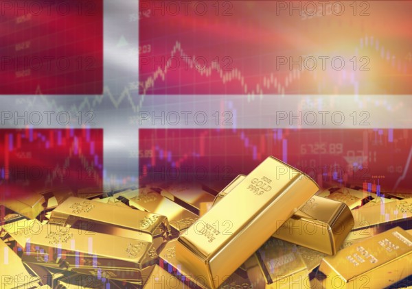 Gold bars on Denmark flag in background. Gold bars stacked on Danish flag. Concept of Denmark gold