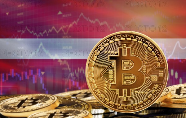 Investors in cryptocurrency and Blockchain Technology in Latvia, Concept. Bitcoin with Latvia flag