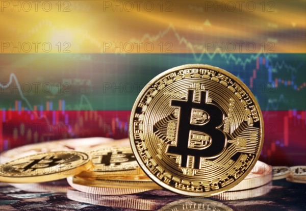 Bitcoin with Lithuania flag in the background. Investors in cryptocurrency and Blockchain