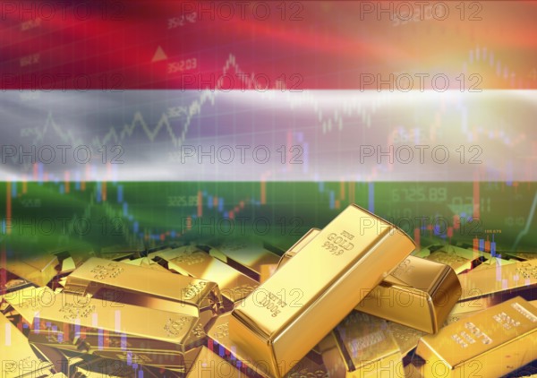 Gold bars on Hungary flag in background. Gold bars stacked on Hungarian flag. Concept of Hungary