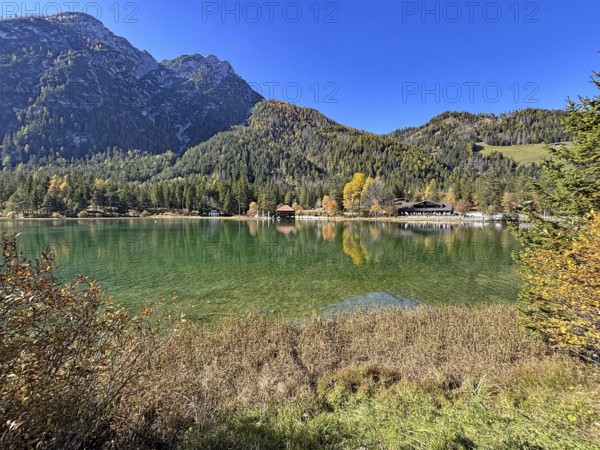 Calm lake with mountains in the background and colorful autumn leaves, Lake Toblach, Lake Dobbiaco,