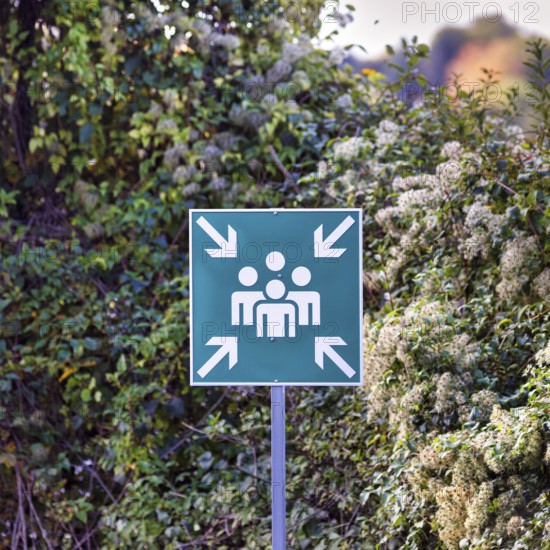 Green outdoor sign, pictogram showing group of people surrounded by four arrows, escape sign for