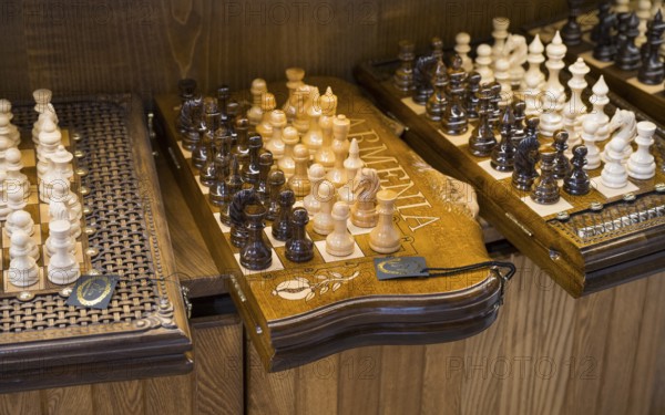 Close-up view of handmade wooden checkerboards, Vernissage Market, Yerevan, Yerevan, Yerevan,