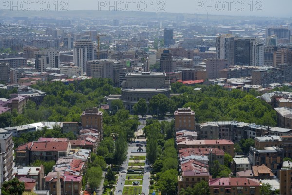 View of a green city with high building density and individual parks, view of Yerevan, Yerevan,