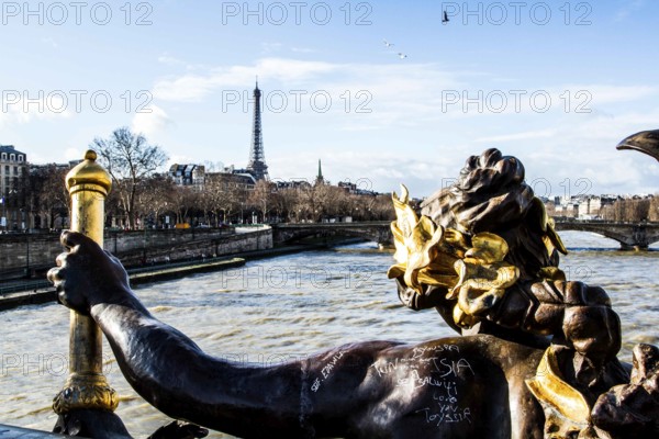 Detail of Pont Alexandre III (Alexandre III Bridge) and Eiffel Tower in the background. Paris,
