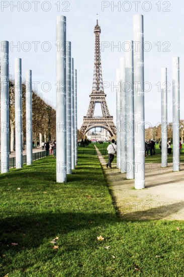 Eiffel Tower viewed from the monument The Wall for Peace (Le Mur pour la Paix). Paris, France. 30