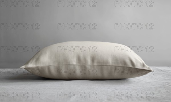 A side view of a beige pillow on a gray surface, emphasizing smooth fabric. AI generated