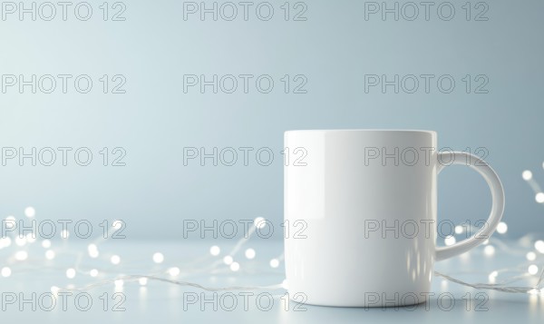 A white coffee cup sits on a table with a blue background. The cup is empty and the table is