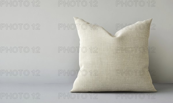 A white pillow with a pattern on it sits on a grey surface. The pillow is large and fluffy, and it