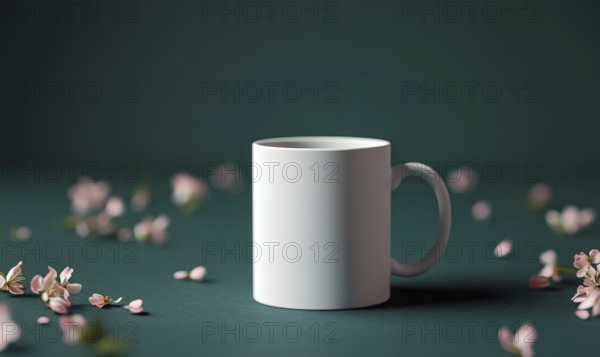 A white coffee cup sits on a green table with pink flowers scattered around it. The cup is empty,