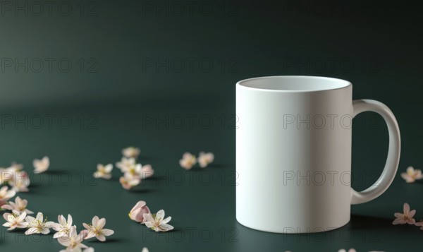 A white coffee cup sits on a green table with pink flowers scattered around it. Concept of calm and