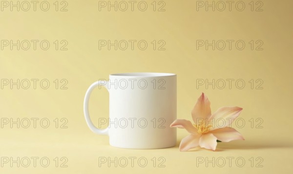 A white coffee cup sits on a yellow background with a pink flower next to it. Concept of calm and