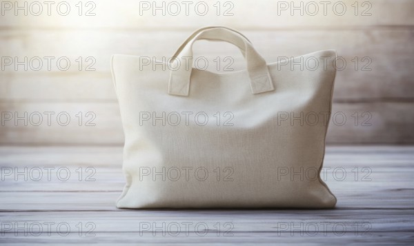 A white bag with a handle sits on a wooden surface. The bag is large and has a unique design. AI