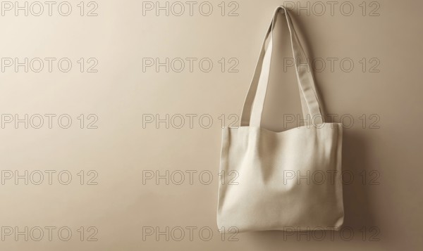 A tan tote bag is hanging on a wall. The bag is made of a light material and has a simple design.