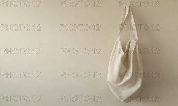 A white bag hanging on a wall. The bag is large and has a pattern on it. The wall is white and the