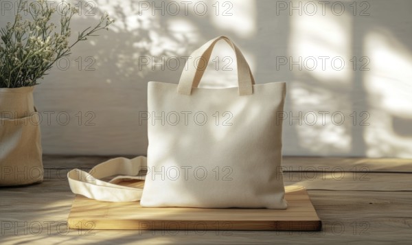 A white bag with a handle sits on a wooden table. The bag is placed in front of a vase of flowers.
