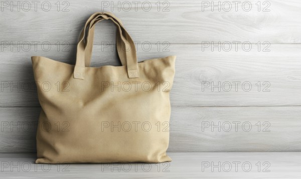A tan bag with a brown handle sits on a wooden surface. The bag is open and the handle is visible.
