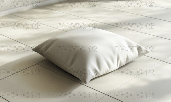 A white pillow sits on a tile floor. The pillow is small and square in shape. The floor is white
