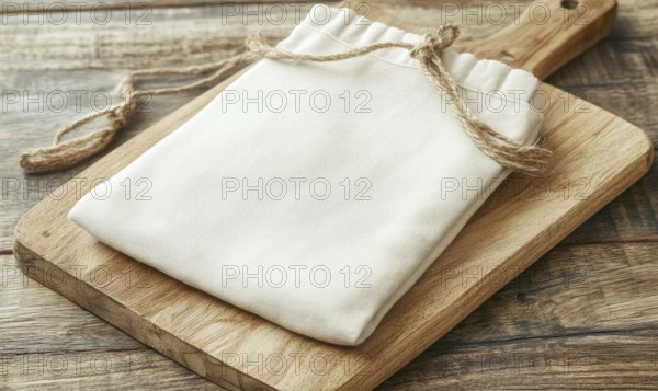 A white cloth bag is tied to a wooden cutting board. The bag is empty and the cutting board is made