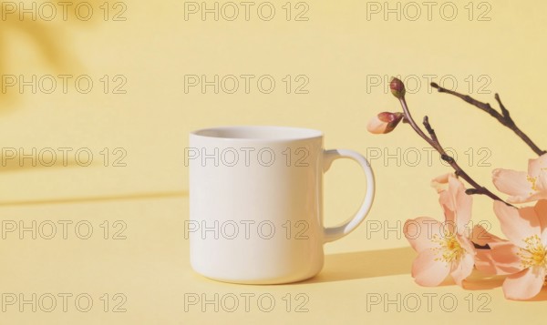 A white coffee cup sits on a yellow background with pink flowers in the foreground. The cup is
