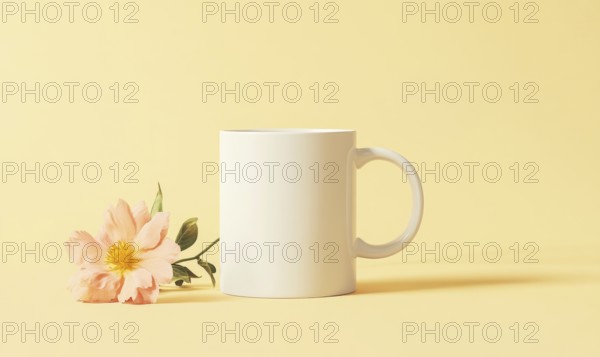 A white coffee cup with a flower on top of it. The flower is pink and the cup is empty. AI