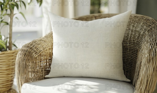 A white pillow sits on a wicker chair in front of a potted plant. The pillow is patterned with a