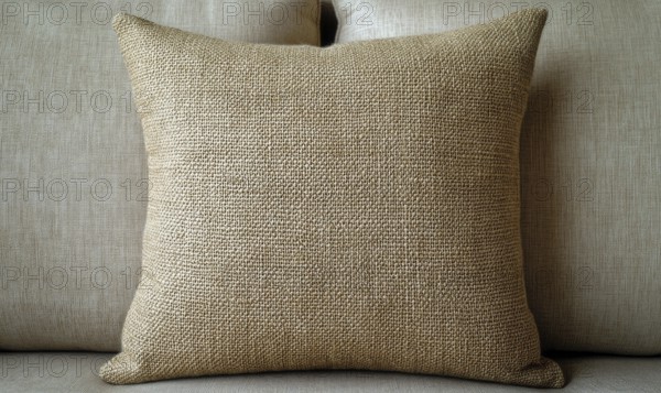 A tan pillow with a brown and white pattern sits on a couch. The pillow is the main focus of the